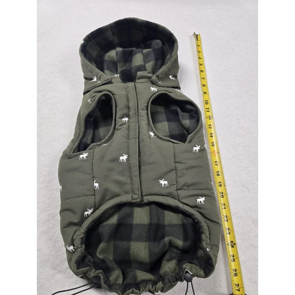 Winter Dog Vest with Hood - Green Moose Pattern, Plaid Fleece Lined, Size XL...